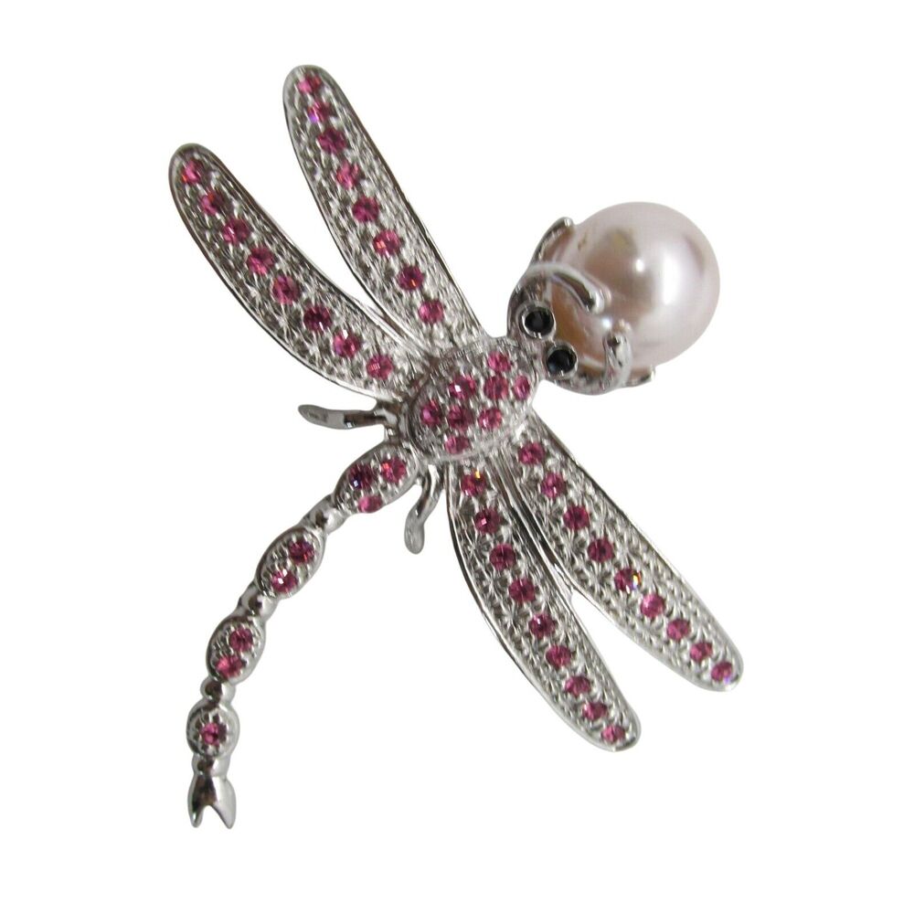 Dragonfly Brooch Pin Silver Tone Faux Pearl Pink Rhinestones Large 2.4 in